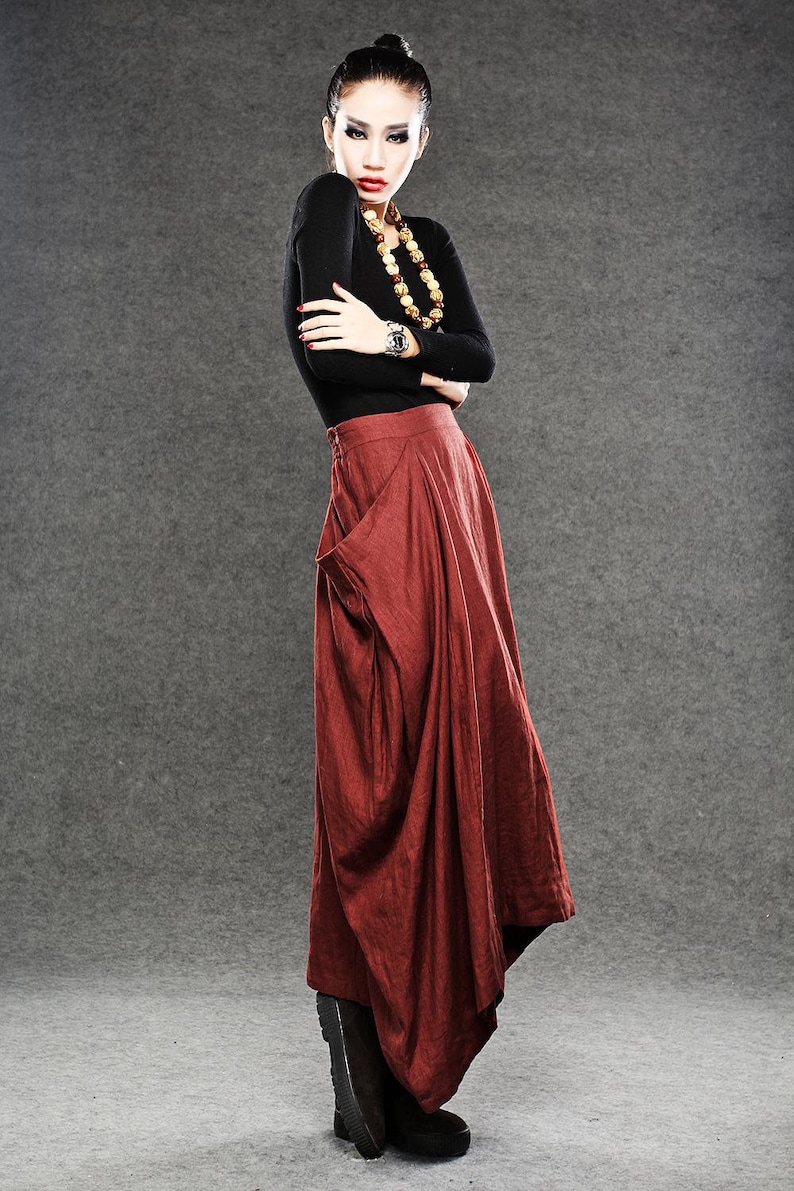 Linen skirt, Red Linen Maxi Skirt, Long Length with Asymmetrical Hemline, Ruched Detail and Deep Side Pocket Fall Autumn/Winter Fashion C050 image 8
