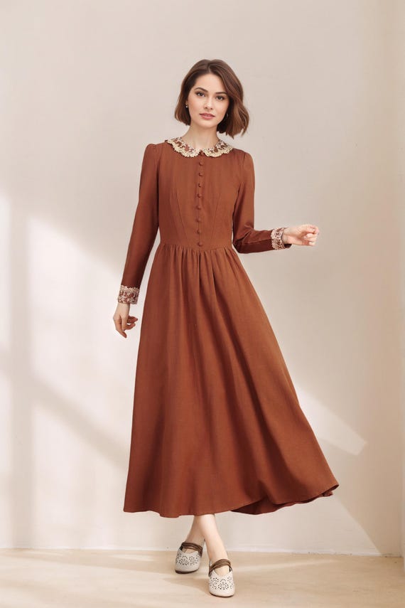 brown maxi linen dress Dark brown maxi linen dress 0304# – Xiaolizi main image 0