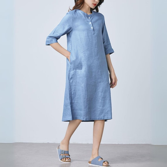 chinese dress ladies Linen Maxi Dress with Pockets main image 1