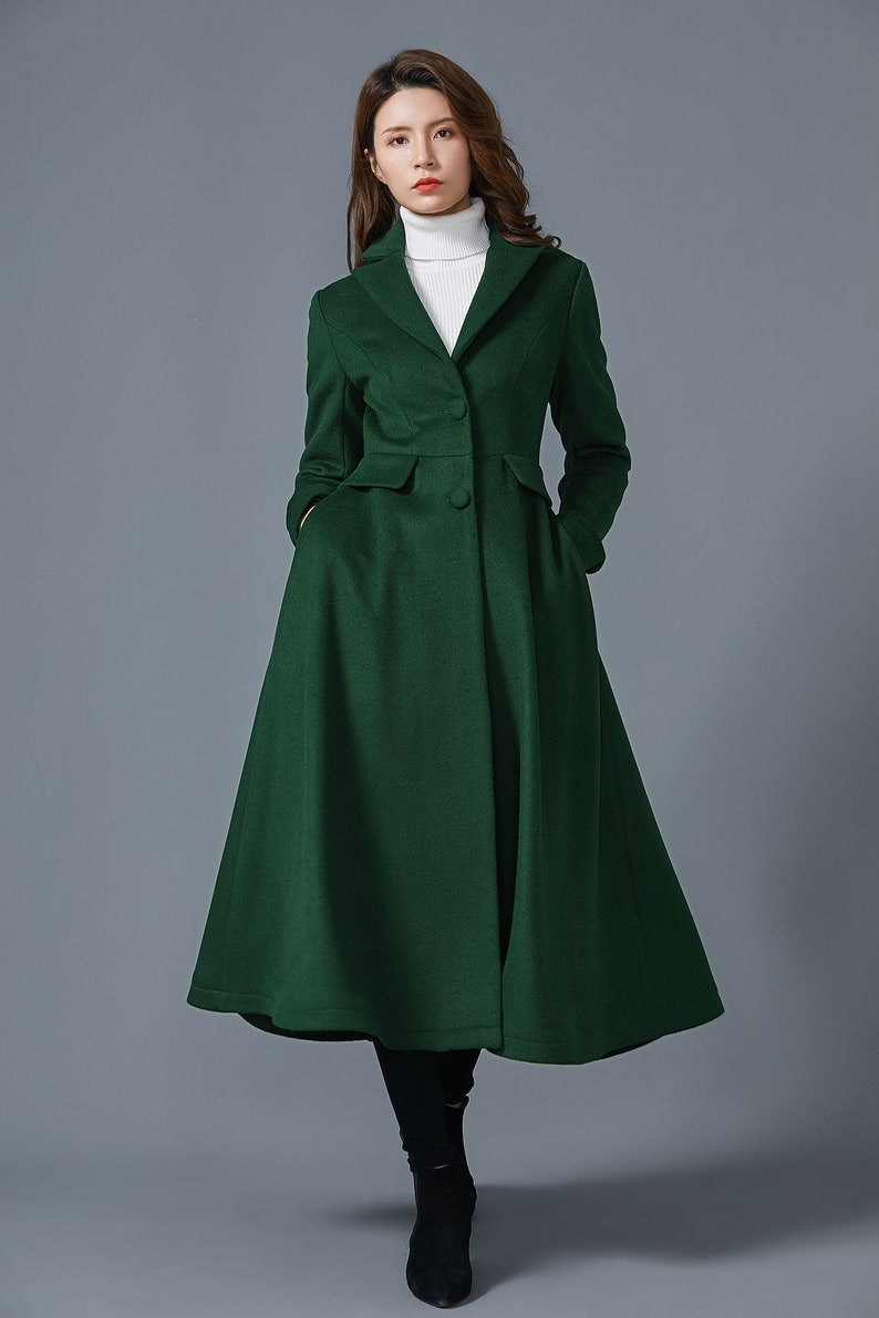 Dark green wool coat, Long wool coat, Warm winter coat, ladies coat, Womens wool coat, Wool coat with pockets, handmade coat, Ylistyle C1614 C1-Green-C1614