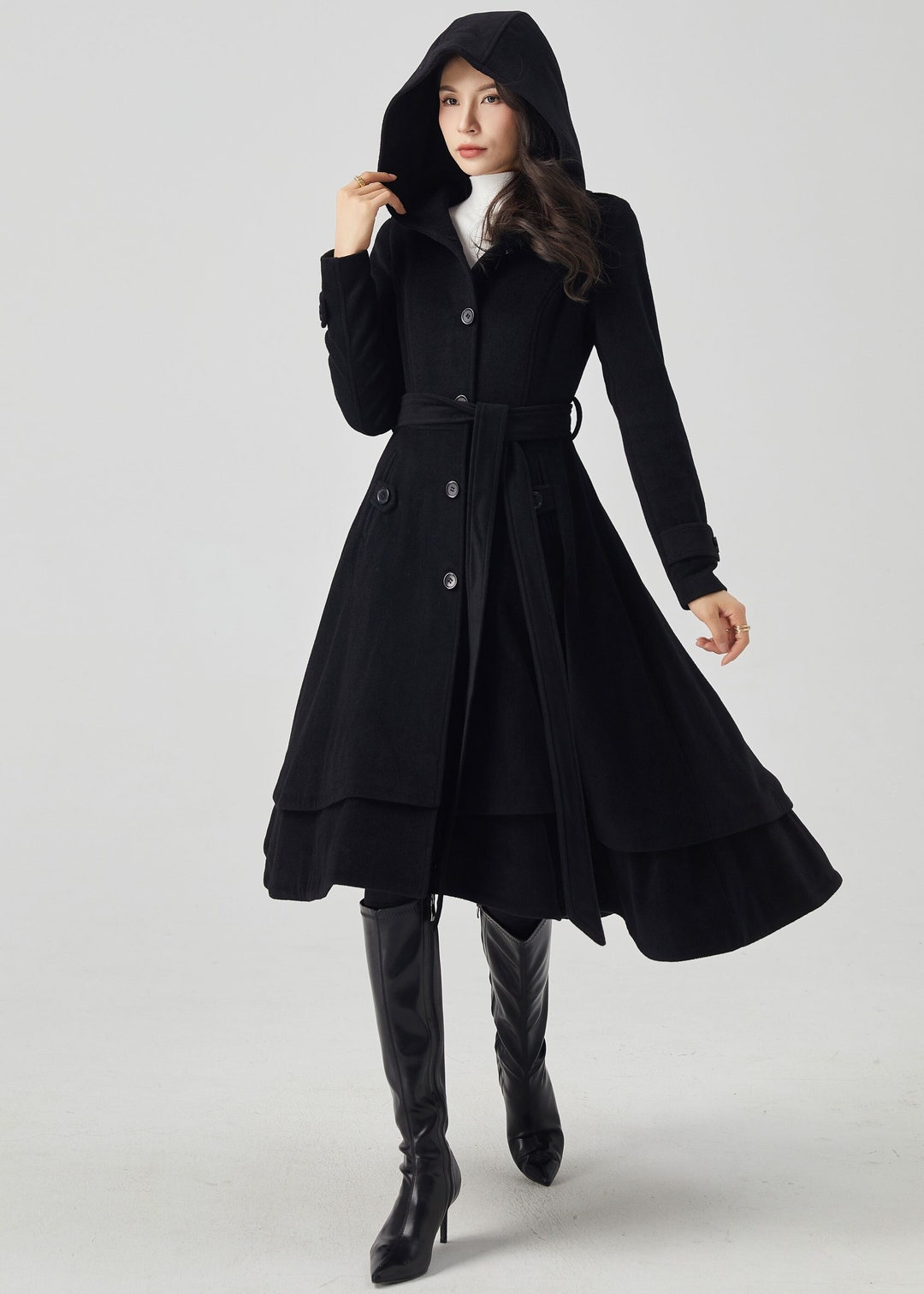 Hooded Wool Coat Women, Black Wool Coat, Long Wool Coat, Trench Coat