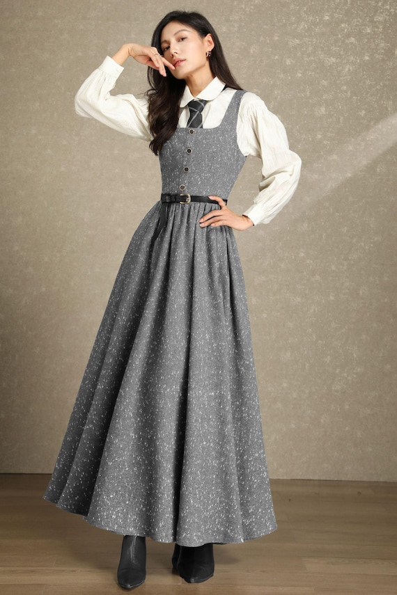 Vintage-inspired Grey Wool Pinafore Maxi Dress: Button-front
