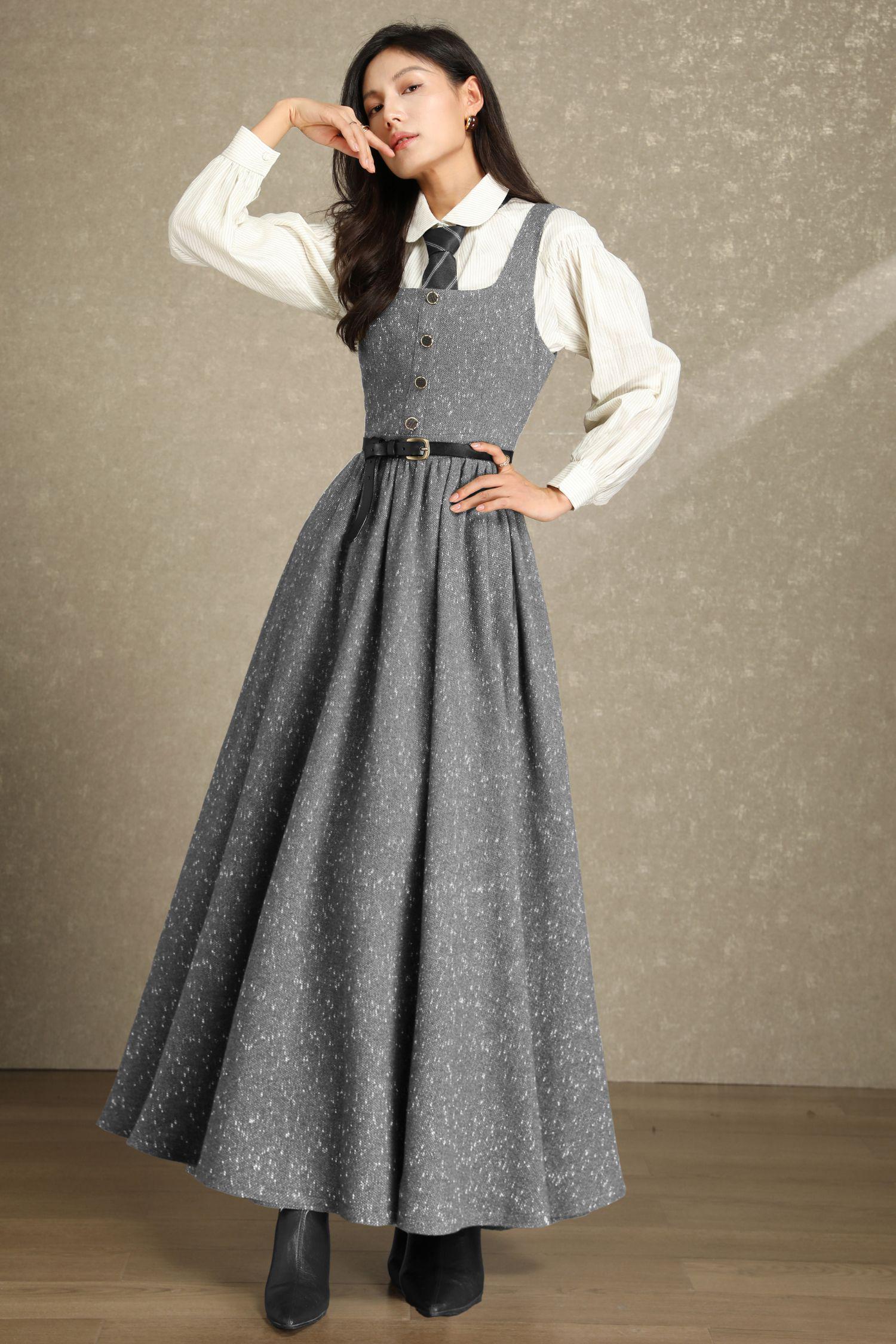Vintage-inspired Grey Wool Pinafore Maxi Dress: Button-front