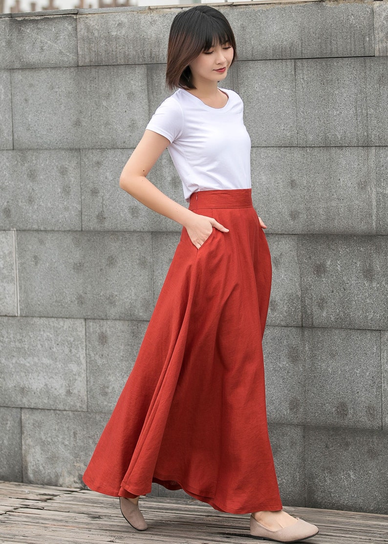 maxi linen skirt, Long Linen skirt, Linen skirt with pockets, casual Linen skirt, A Line skirt, Orange Linen skirt, Womens skirt C2790 image 1