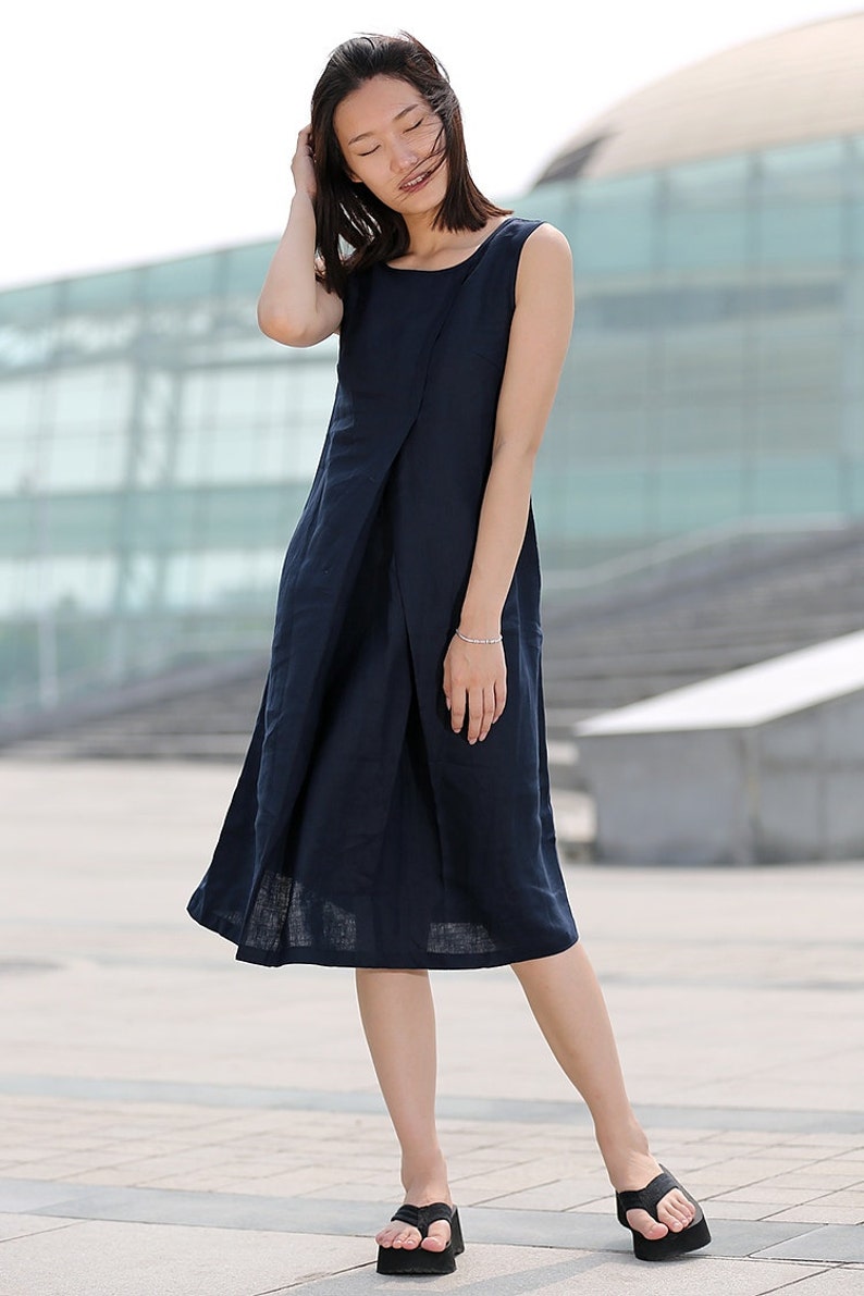 Linen dress, midi dress, sleeveless dress, navy dress, tunic dress, summer dress, Organic linen dress, Causal dress with pockets C263/ image 6