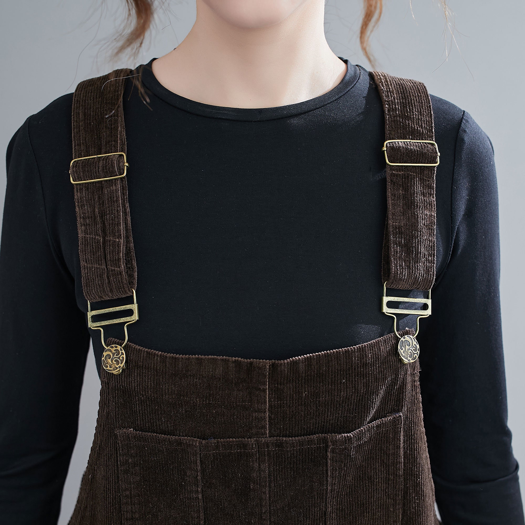 Retro Brown Corduroy Overalls, Women display picture 1