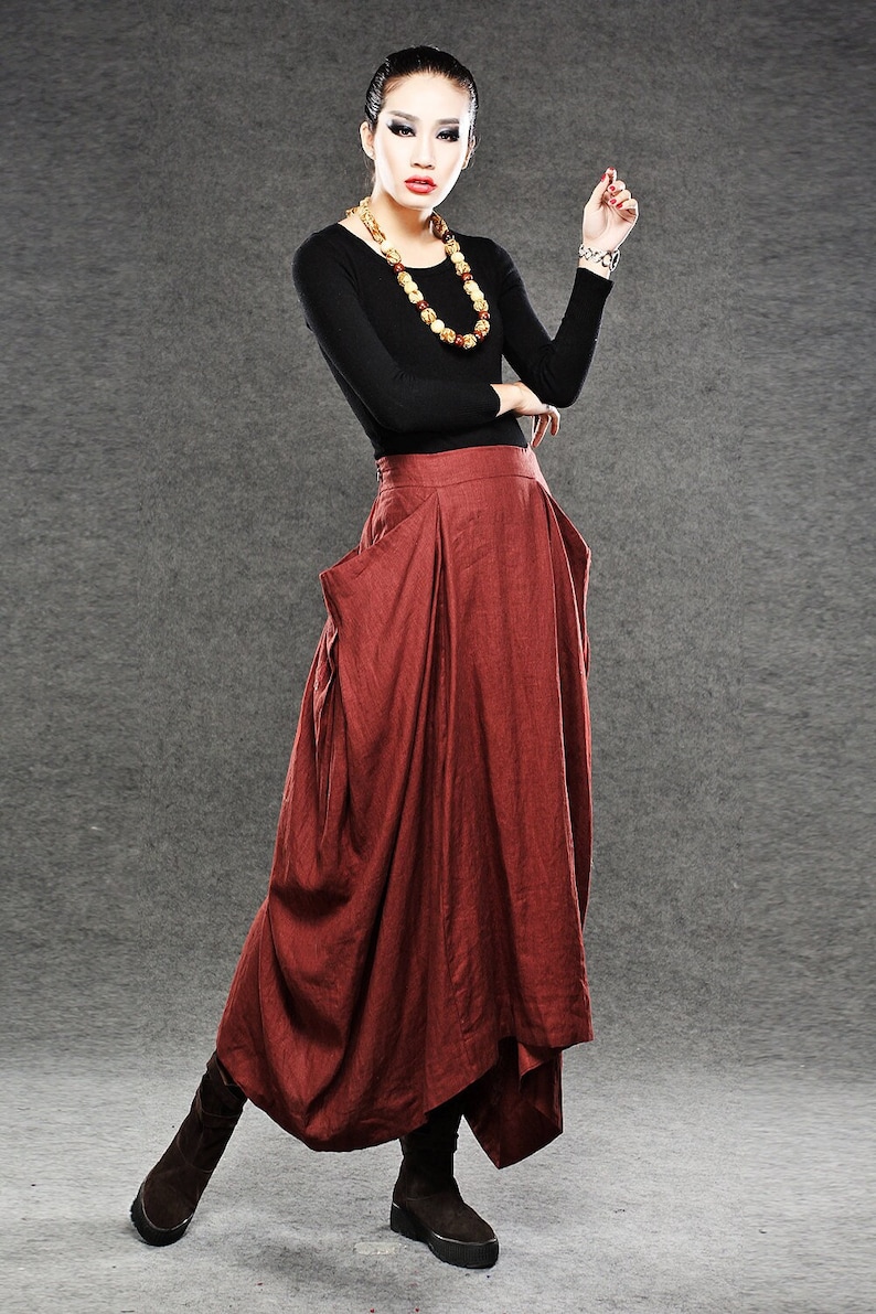 Linen skirt, Red Linen Maxi Skirt, Long Length with Asymmetrical Hemline, Ruched Detail and Deep Side Pocket Fall Autumn/Winter Fashion C050 Red