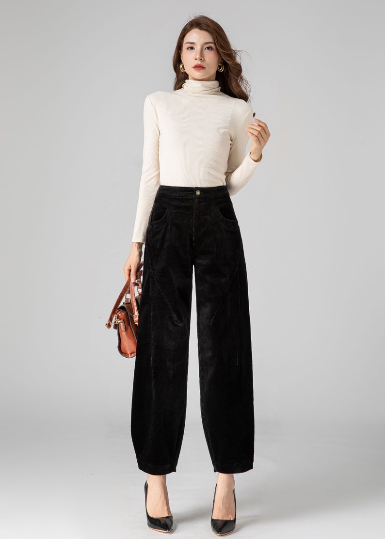 Black Corduroy Pants Women, Tapered Pants, Autumn Pants, Long Pants, Womens Pants, Loose Fitting Pants, Handmade Pants, Made to Order C3592 image 7