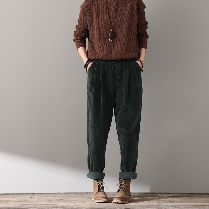 Casual Corduroy Harem Pants, Women's Tapered Pants, Elastic Waist Corduroy Pants, Womens oversized trousers, women's baggy pants C1814 Dark green