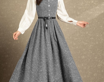Vintage-inspired Grey Wool Pinafore Maxi Dress: Button-front