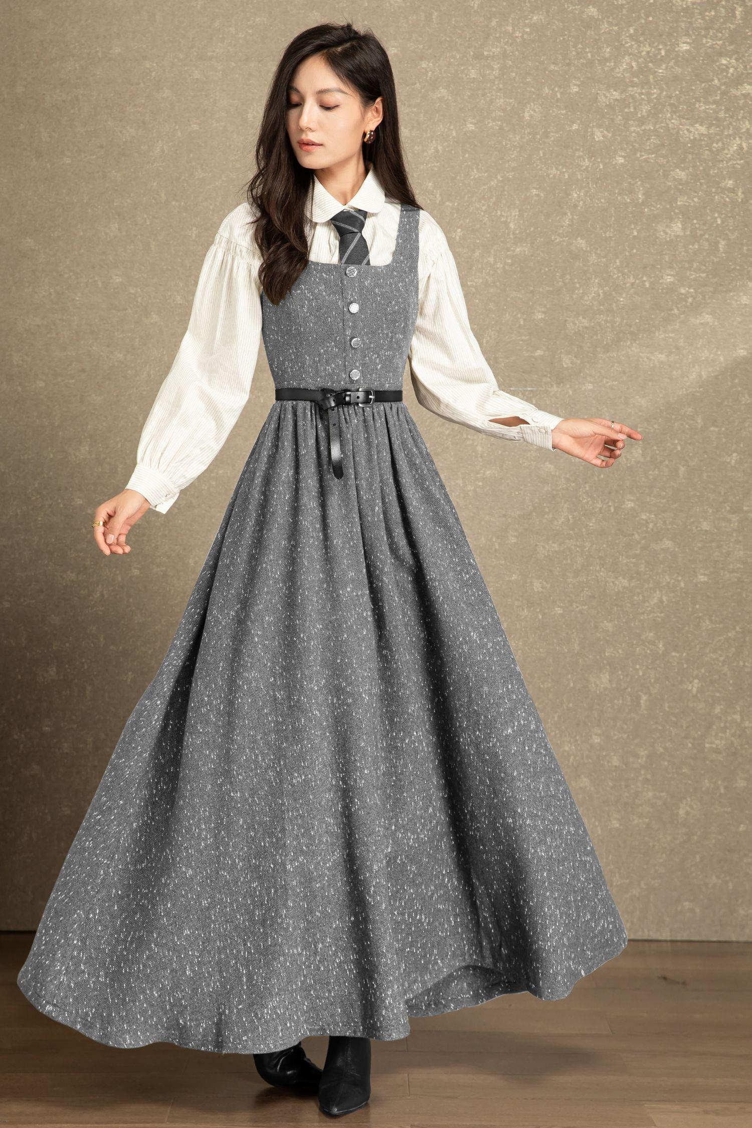 Vintage-inspired Grey Wool Pinafore Maxi Dress: Button-front