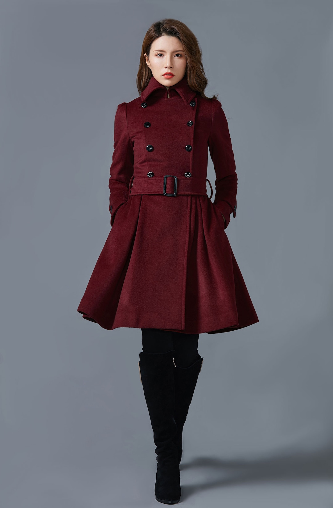 60s Inspired Fit and Flare Wool Coat Women C2581