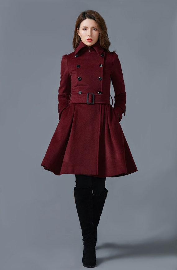 Wine Red Coat, Wool Coat, Winter Coat, Ladies Coat, Double Breasted, Coat  With Pockets, Short Wool Coat, Womens Jacket, Warm Coat C1590 