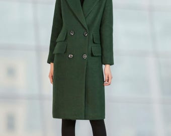 ウールコート、グリーンロングウールコート、暖かい冬用コート