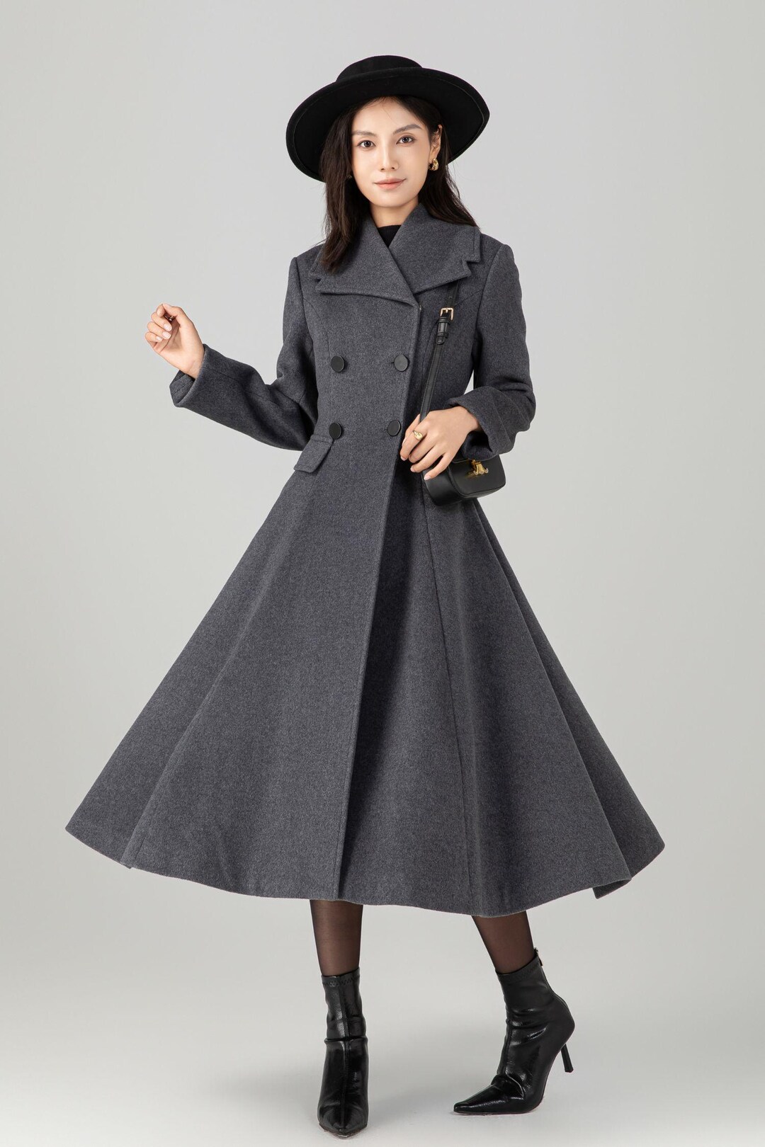 Gray Wool Swing Coat, Fit and Flare Trench Coat, Ylistyle C5270