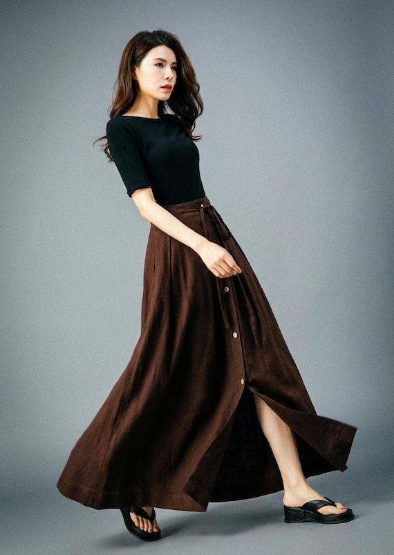 Giltpeak Maxi gonna estiva da donna, in cotone e lino, a vita alta, casual, vintage, a trapezio, con tasca, Marrone e grigio., L