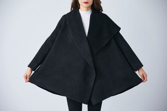 Black wrap coat wool wrap coat plus size coat Black wool jacket Black overcoat oversized collar jacket hipster jacket Ylistyle C1687