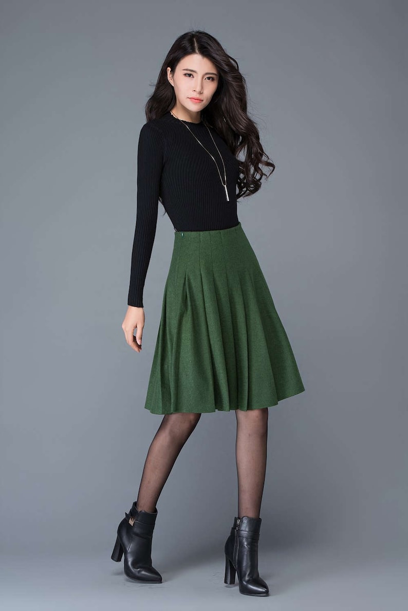 Wool skirt, Wool Midi skirt in green, pleated wool skirt, High waist wool skirt, winter skirt women, womens skirts, Short wool skirt C1031 image 3