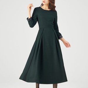 Wool Dress, Womens Long wool dress, Classic Long Fitted Tailored Warm Winter Dress with Long Sleeves Round Neck & Black Leather Cuffs C780 C3- Green