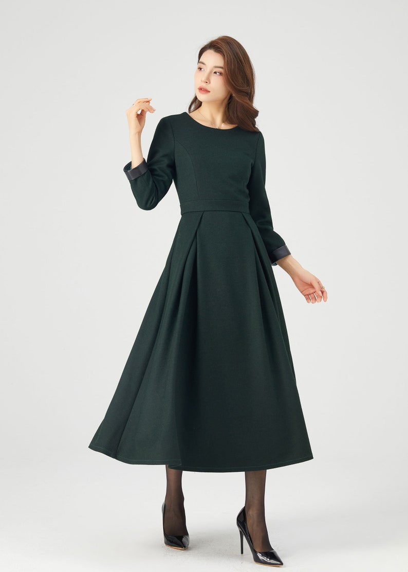 Wool Dress, Womens Long wool dress, Classic Long Fitted Tailored Warm Winter Dress with Long Sleeves Round Neck & Black Leather Cuffs C780 C3- Green