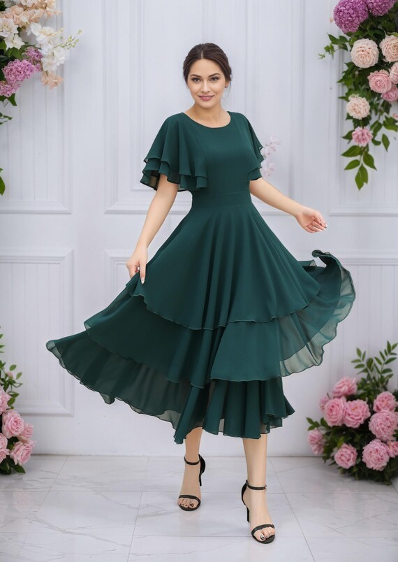 Customizable Summer wedding guest dress, Womens Green midi Ruffle chiffon dress, Swing dress, Bridesmaid dress, Custom dress, Ylistyle C4832