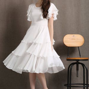 Customizable Summer Wedding Dress, Wedding Guest Dress, White Ruffle Chiffon dress, midi swing dress, Eco-Friendly Bridesmaid Dress C429#