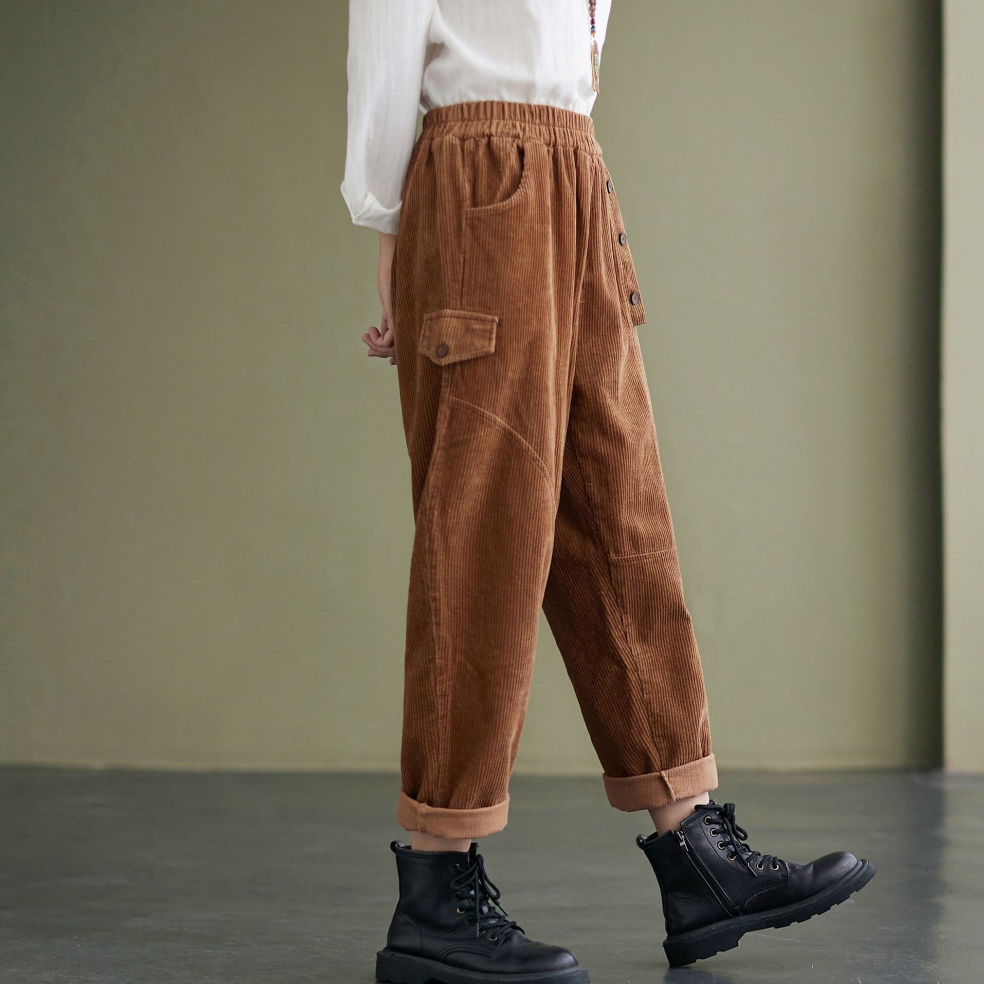 Casual Brown Corduroy Pants for Women, Long Pants, Plus Size Pants