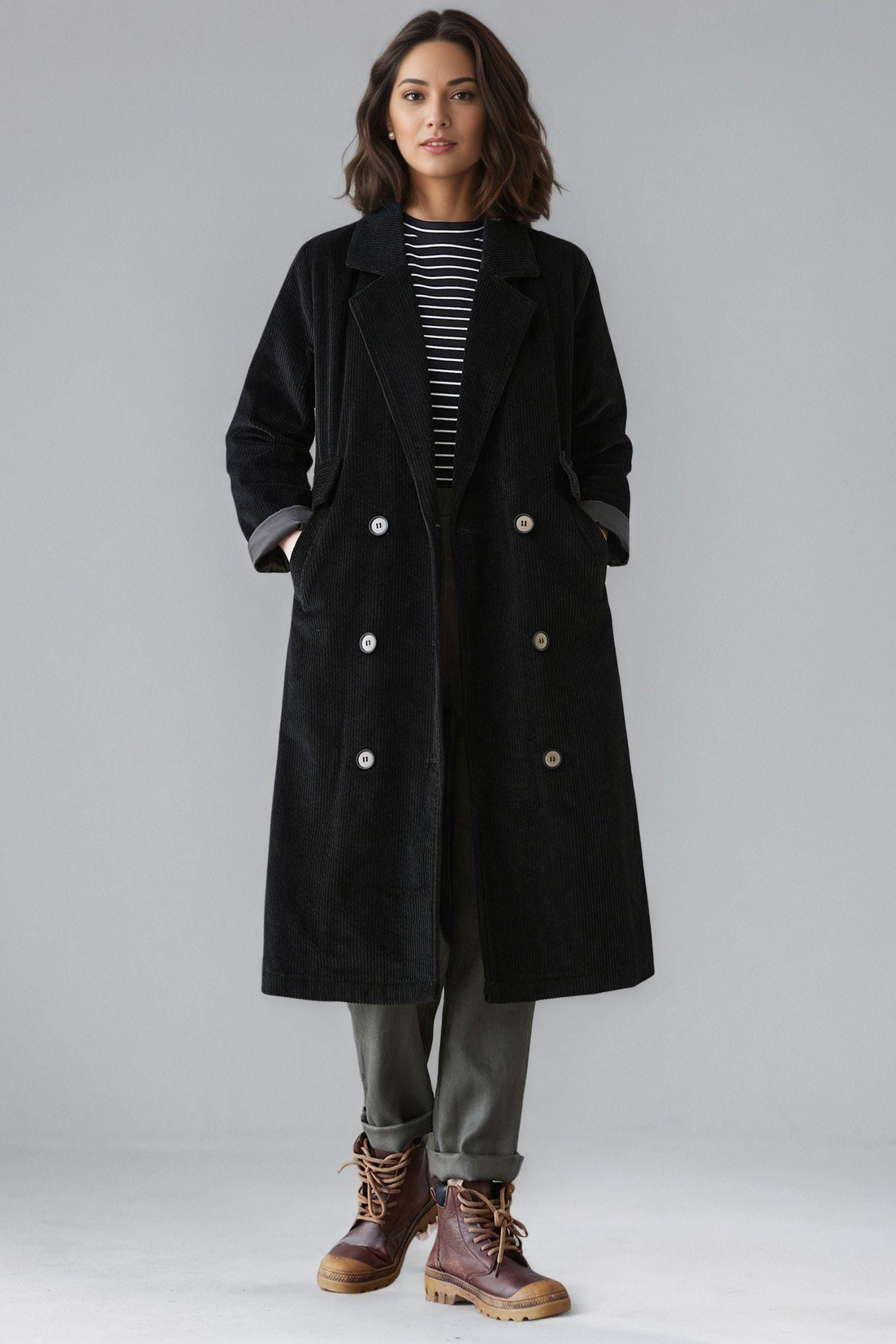Black Corduroy Trench Coat: Women's Double-breasted Autumn