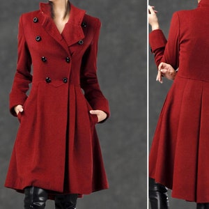 Asymmetrical wool jacket coat, Military wool Coat, Wool Swing Coat with Cinched Waist, womens coat with Large Turn-Back Cuffs C788