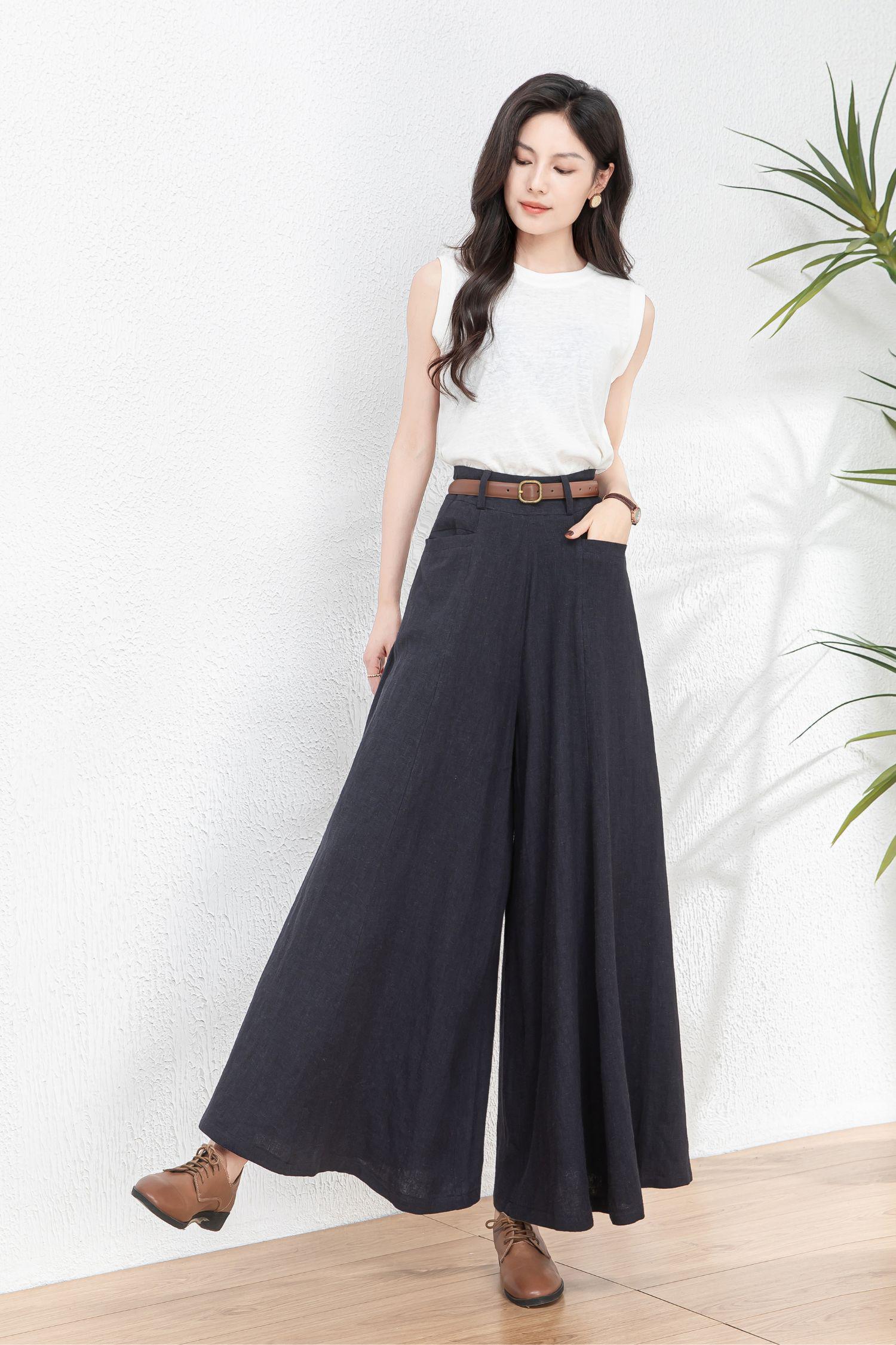 Wide Leg Linen Palazzo Pants: Navy Blue Fall Winter Trousers