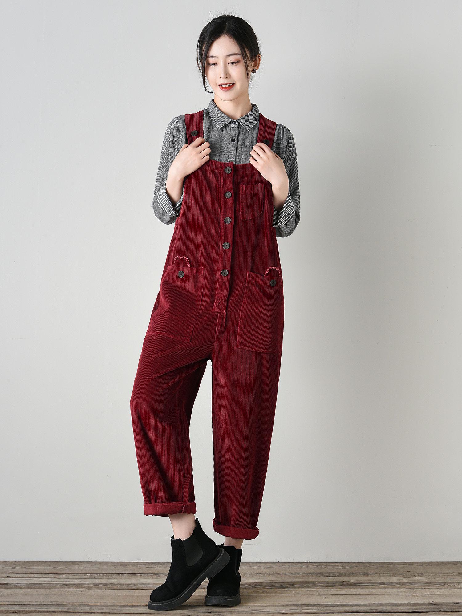 Vintage-style Corduroy Jumpsuit for Women - Red Overalls