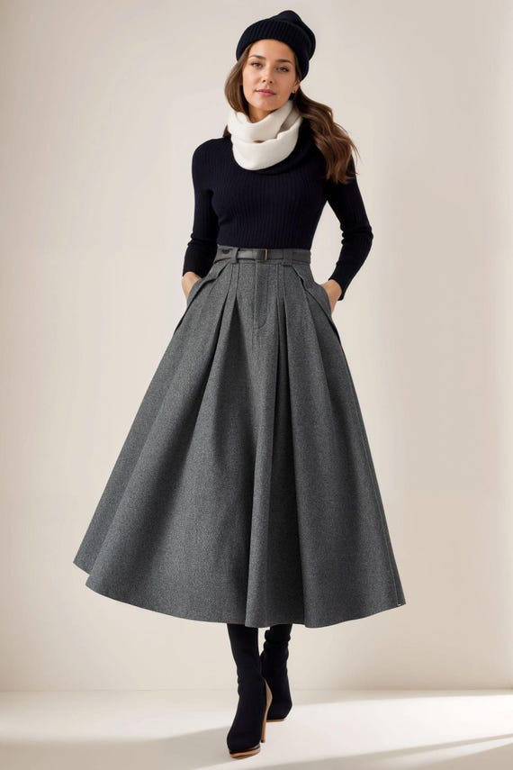 Gray Wool Skirt, Midi Skirt Women, Pleated Skirt, High
