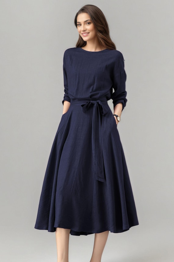 Linen Dress, Navy Blue Linen Dress, Women's Midi Dress, Belted Dress, Dress with Pockets, Autumn Linen Dress, Custom Dress, Ylistyle C4867