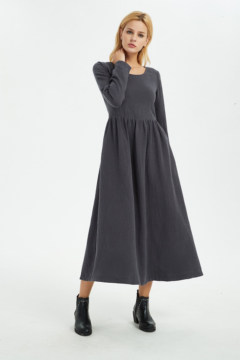 long Linen dress with pockets autumn winter outfit C1368 Casual linen dress Gray dress Maxi Linen dress Linen dress women linen dress