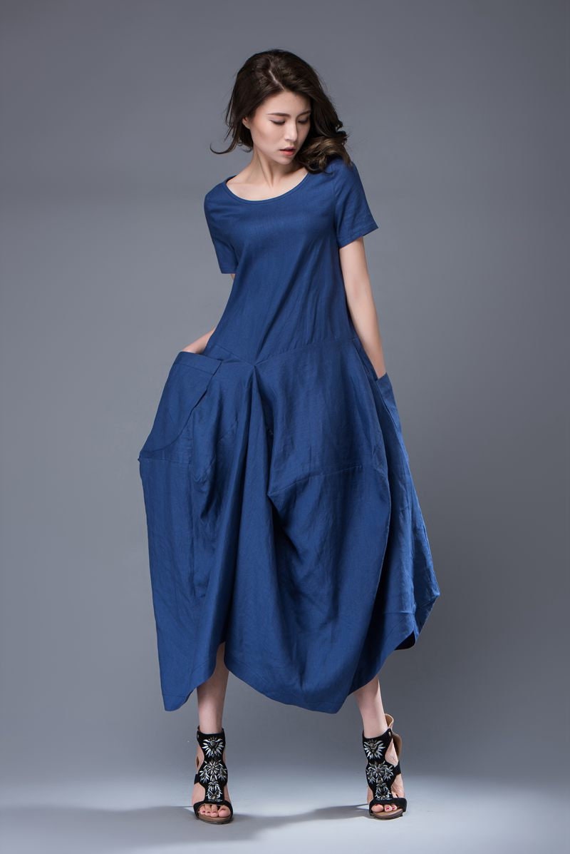 Blue Linen Dress Lagenlook Long Maxi ...