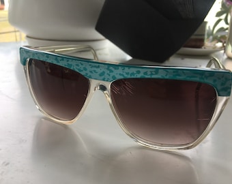 Brilliant Teal & Silver iridescent on Clear Sunglasses with Violet tinted Lenses Vintage 1980's