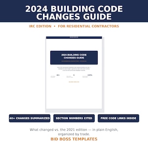 May include: A digital guide titled 2024 BUILDING CODE CHANGES GUIDE IRC EDITION FOR RESIDENTIAL CONTRACTORS. The document features text summarizing 40+ changes, section numbers cited, and free code links. It explains changes from the 2021 edition.