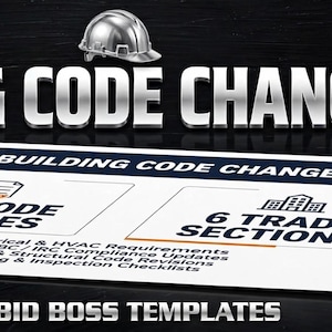 Op de afbeelding: Een digitaal document getiteld 2024 BUILDING CODE CHANGES GUIDE met een zilveren bouwhelmpictogram, een oranje INSTANT DOWNLOAD-badge en tekst over 40+ CODE CHANGES, 6 TRADE SECTIONS en BID BOSS TEMPLATES op een donkere achtergrond.