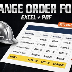 Könnte beinhalten: Ein silberner Schutzhelm neben einem Änderungsauftragsformular in Excel- und PDF-Formaten. Das Formular enthält Spalten für Beschreibung, Arbeit, Materialien und Betrag mit automatischen Berechnungen und einem orangefarbenen Download-Tag.