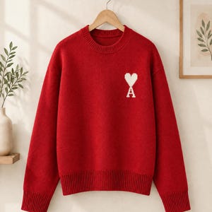 Puede incluir: Un suéter rojo vibrante de manga larga con cuello redondo y puños y dobladillo acanalados. En la parte superior izquierda del pecho, hay un gráfico bordado en blanco que consiste en una forma de corazón sobre la letra mayúscula A.