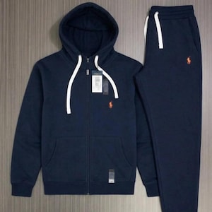 Marinblått fleeceträningsset: Ralph Lauren-inspirerad fleeceträningsset med huvtröja och joggingbyxor