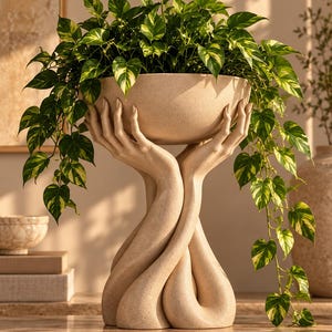 Può includere: Un vaso beige con una base scolpita a forma di mani intrecciate che sostengono una ciotola. Una pianta di pothos ricadente con foglie variegate a forma di cuore, verdi e gialle, cresce dalla ciotola, con viticci che scendono lungo i lati della scultura.