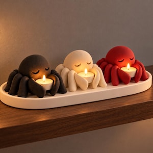 Puede incluir: Tres portavelas con forma de araña en negro, crema y rojo, cada uno con los ojos cerrados y varias patas, sosteniendo una pequeña vela de té blanca. Las tres figuras están dispuestas en fila sobre una bandeja blanca ovalada y alargada.