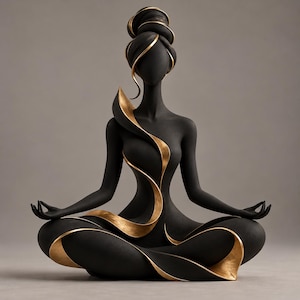 Op de afbeelding: Een matzwart beeld van een figuur in een zittende meditatiehouding. Het figuur is voorzien van vloeiende, goudkleurige linten die om het lichaam, de armen en de benen wikkelen, met een gestileerd knotkapsel en handen die op de knieën rusten.