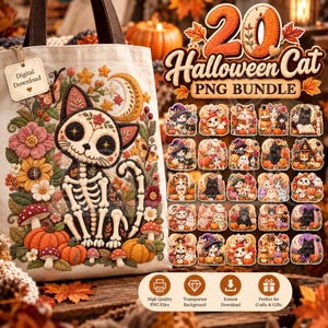 Halloween Cat PNG Bundle, Autumn Witchy Clipart, Cozy Patchwork 3D Textile Sublimation Designs