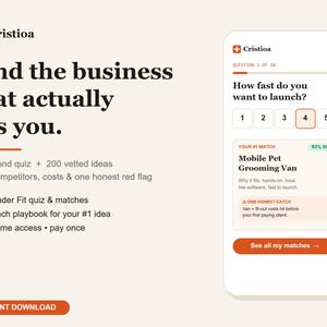 Op de afbeelding: Een digitale interface voor het Cristioa bedrijfsplatform. Het scherm toont een quiz getiteld How fast do you want to launch met optie 4 geselecteerd en een resultaat voor Mobile Pet Grooming Van. De tekst bevat Founder Fit quiz, launch playbook en lifetime access.
