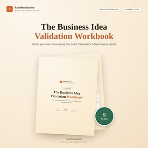 Op de afbeelding: Het Business Idea Validation Workbook is een document van meerdere pagina's met een crèmekleurige omslag met donkerbruine en oranje tekst. Een cirkelvormige groene badge op de voorkant geeft 9 pagina's aan. De titel is in een duidelijk lettertype.