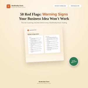 Könnte beinhalten: Ein digitales Dokument mit dem Titel 50 Red Flags: Warning Signs Your Business Idea Won't Work, das eine Checkliste für Markt und Betrieb enthält. Die Seite zeigt das IdeaRealityCheck-Logo, ein Download-Etikett und ein grünes Real Preview-Abzeichen.