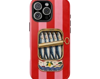 Vintage sardiner plåttelefonskal | Röda ränder, retro charm