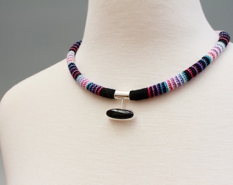 Colorful crocheted necklace with silver and black onyx